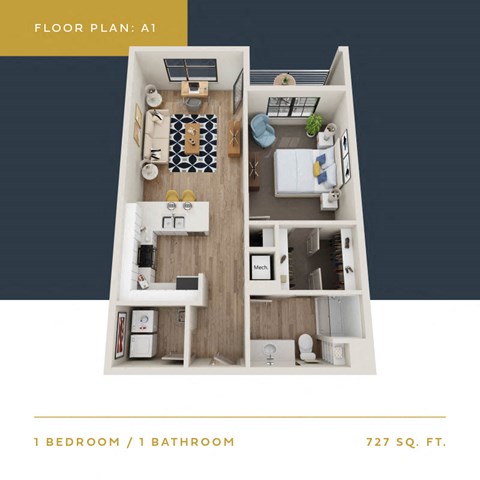 Floor plan for 1 bed, 1 bath, 727 sqft